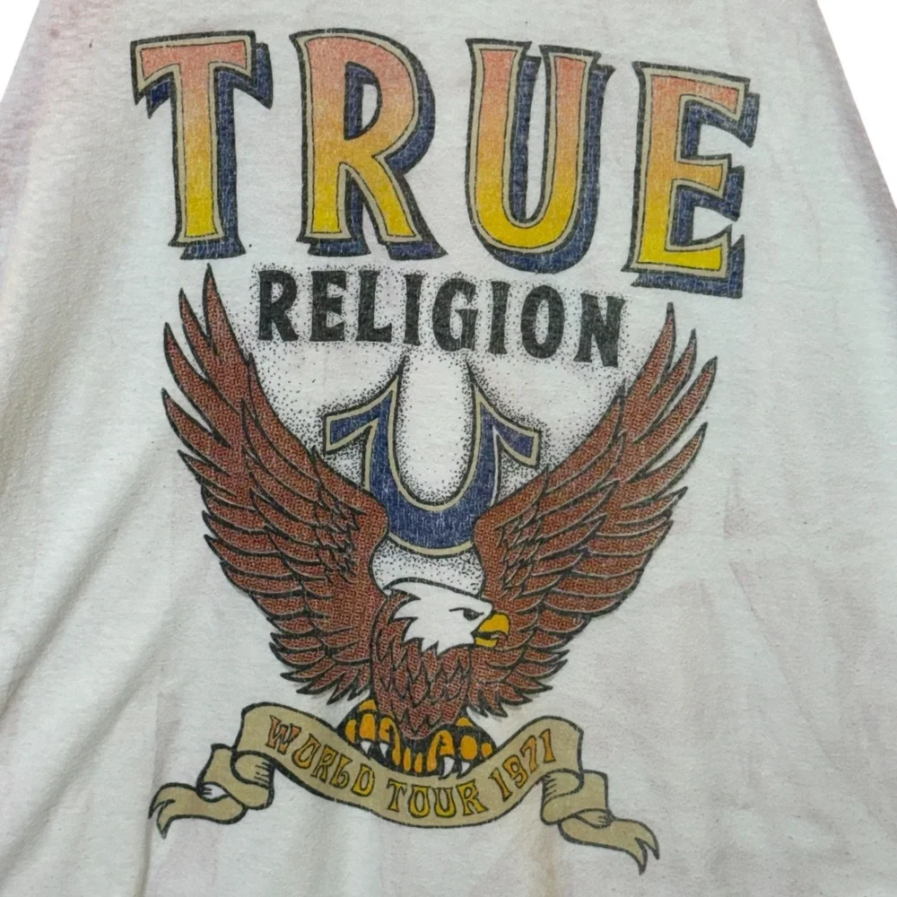 True Religion World Tour Orange and Tan Raglan Tee XXL